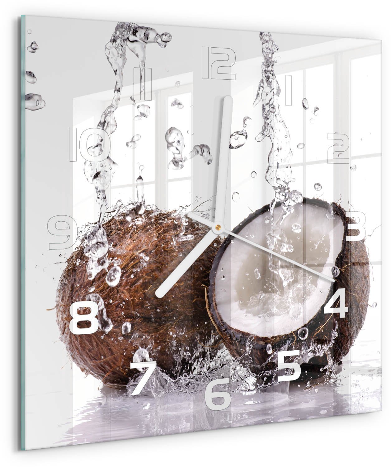 Tulup Wandklok - Kokosnoot en water Wandklok Glas Met Motief - 30x30 cm - Bruin Decoratieve Glazen Klok - Witte handen - Vierkante Klok - Gekleurde Glazen Klok - Glazen Klok Met Print