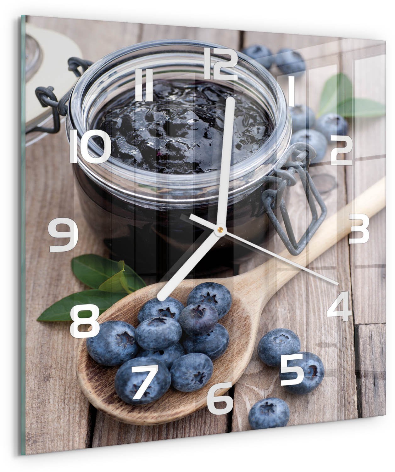 Tulup Wandklok - Bosbessenjam Gekleurde Glazen Klok - 30x30 cm - Blauw Glazen Klok Met Print - Witte handen - Vierkante Klok - Moderne Wandklok Glas - Wandklok Glas Decoratie