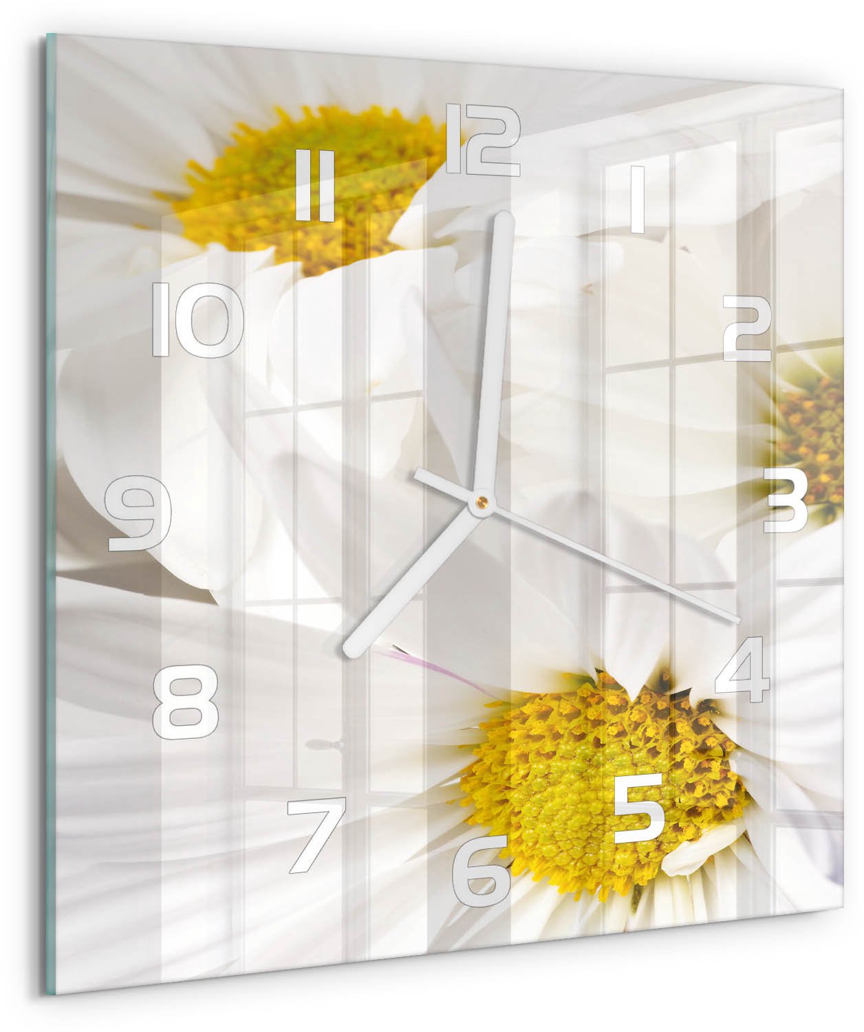 Tulup Wandklok - Madeliefje Wandklok Glas Met Motief - 30x30 cm - Geel Decoratieve Glazen Klok - Witte handen - Vierkante Klok - Gekleurde Glazen Klok - Glazen Klok Met Print