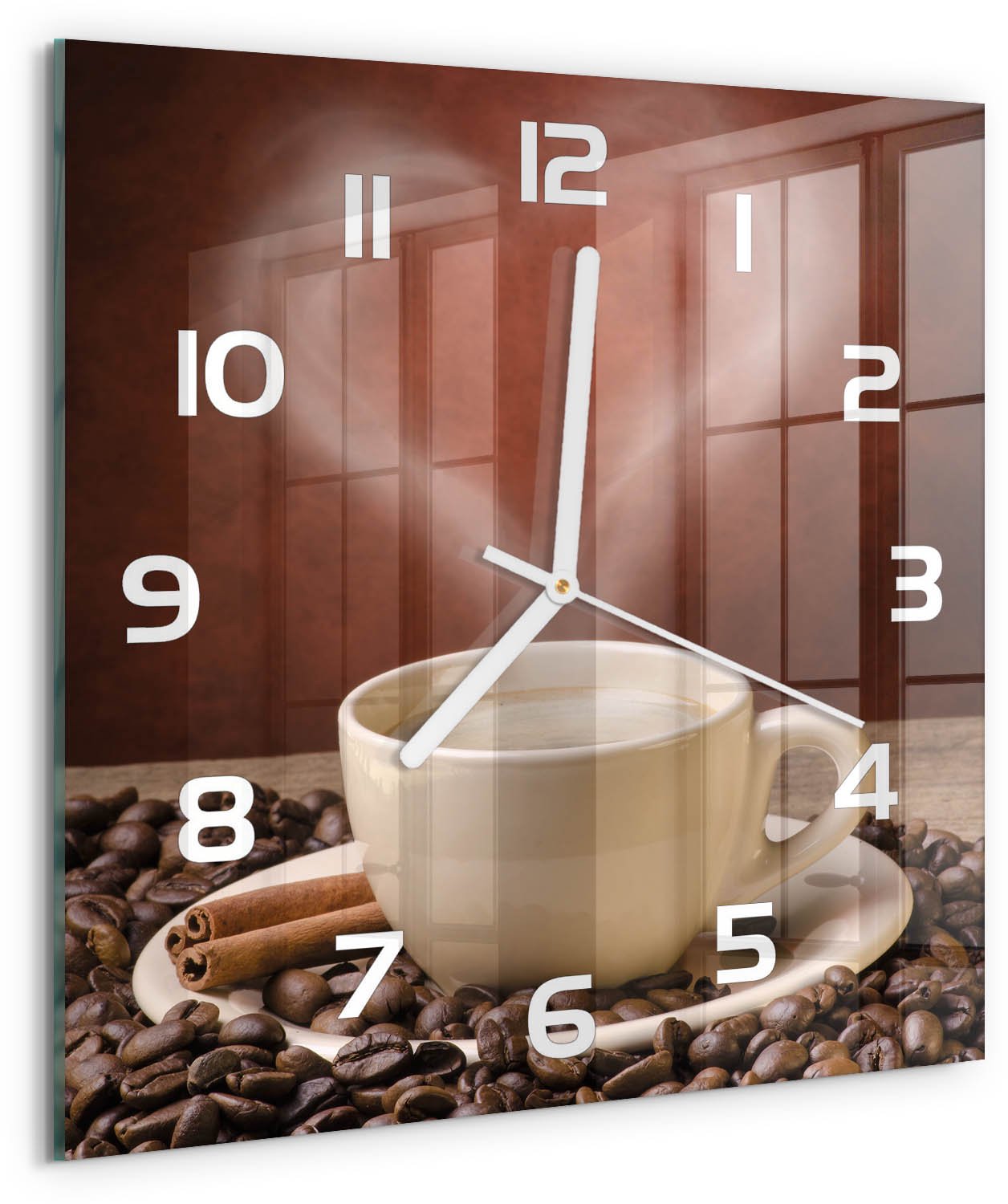 Tulup Wandklok - Aromatische koffie Wandklok Glas Decoratie - 30x30 cm - Bruin Gekleurde Glazen Klok - Witte handen - Vierkante Klok - Klok Glas Met Opdruk - Moderne Wandklok Glas