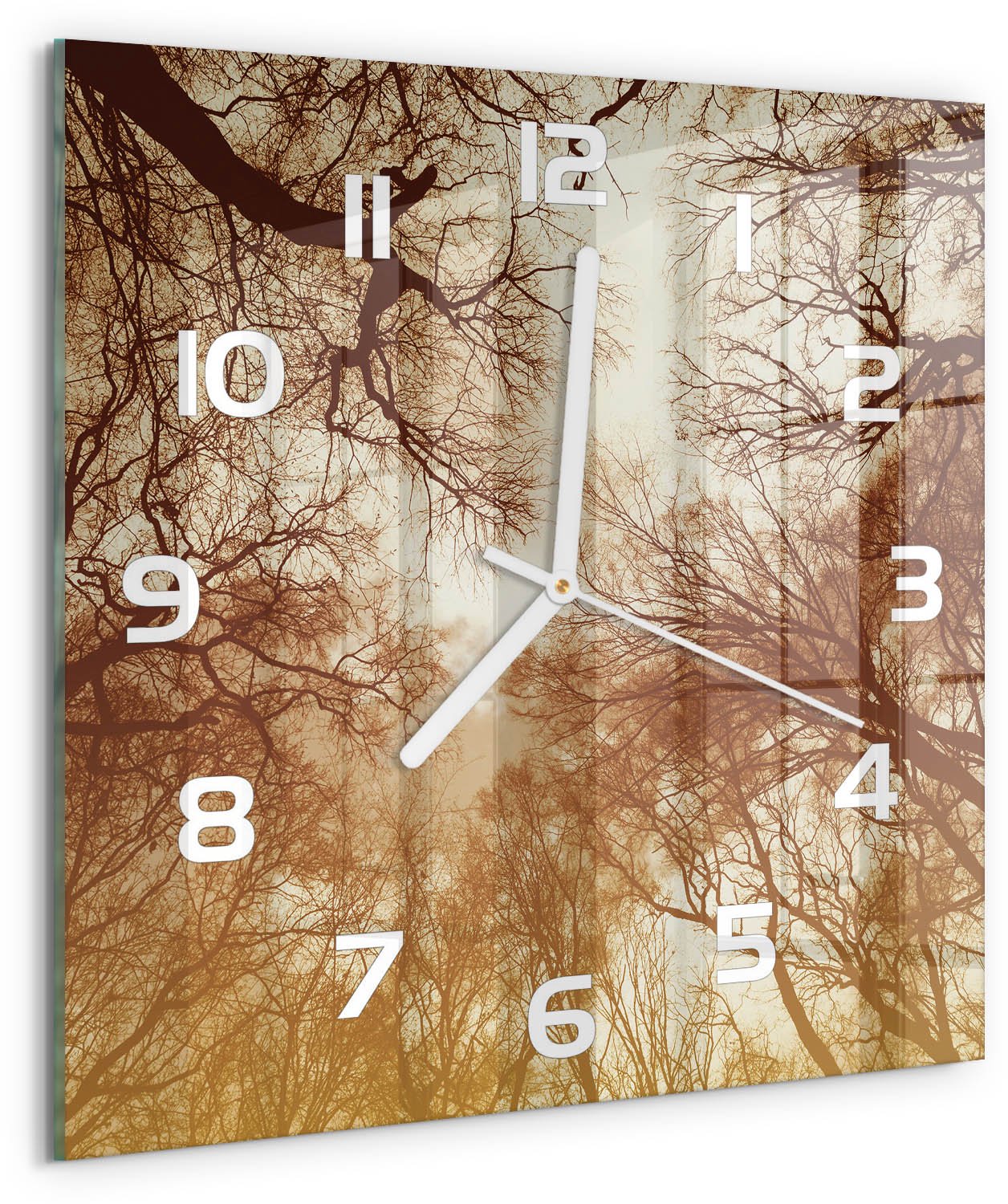 Tulup Wandklok - Woud Glazen Klok Met Print - 30x30 cm - Bruin Wandklok Glas Met Motief - Witte handen - Vierkante Klok - Wandklok Glas Decoratie - Gekleurde Glazen Klok