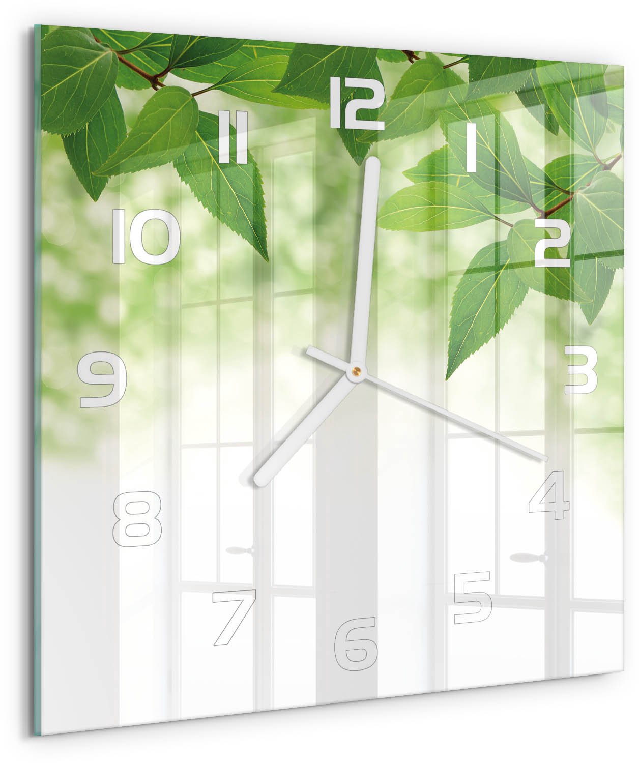 Tulup Wandklok - Groene bladeren Glazen Klok Met Print - 30x30 cm - Groente Wandklok Glas Met Motief - Witte handen - Vierkante Klok - Wandklok Glas Decoratie - Gekleurde Glazen Klok