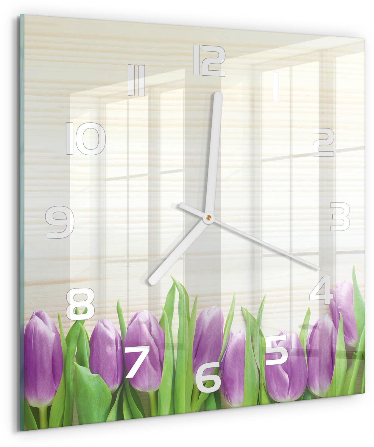 Tulup Wandklok - Paarse tulpen Glazen Klok Met Print - 30x30 cm - Paars Wandklok Glas Met Motief - Witte handen - Vierkante Klok - Wandklok Glas Decoratie - Gekleurde Glazen Klok