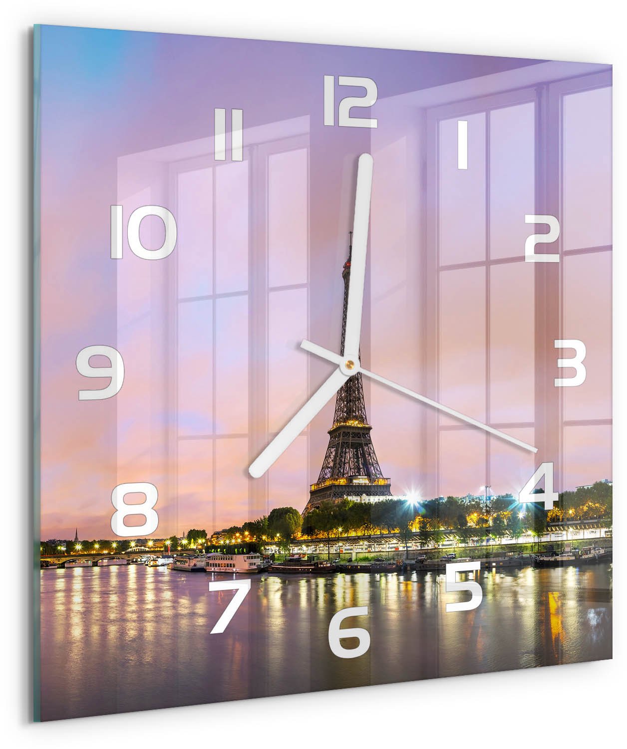 TULUP Wandklok - Eiffeltoren Parijs Moderne Wandklok Glas - 30x30 cm - Veelkleurig Wandklok Glas Decoratie - Witte handen - Vierkante Klok - Glazen Wandklok Design - Klok Glas Met Opdruk