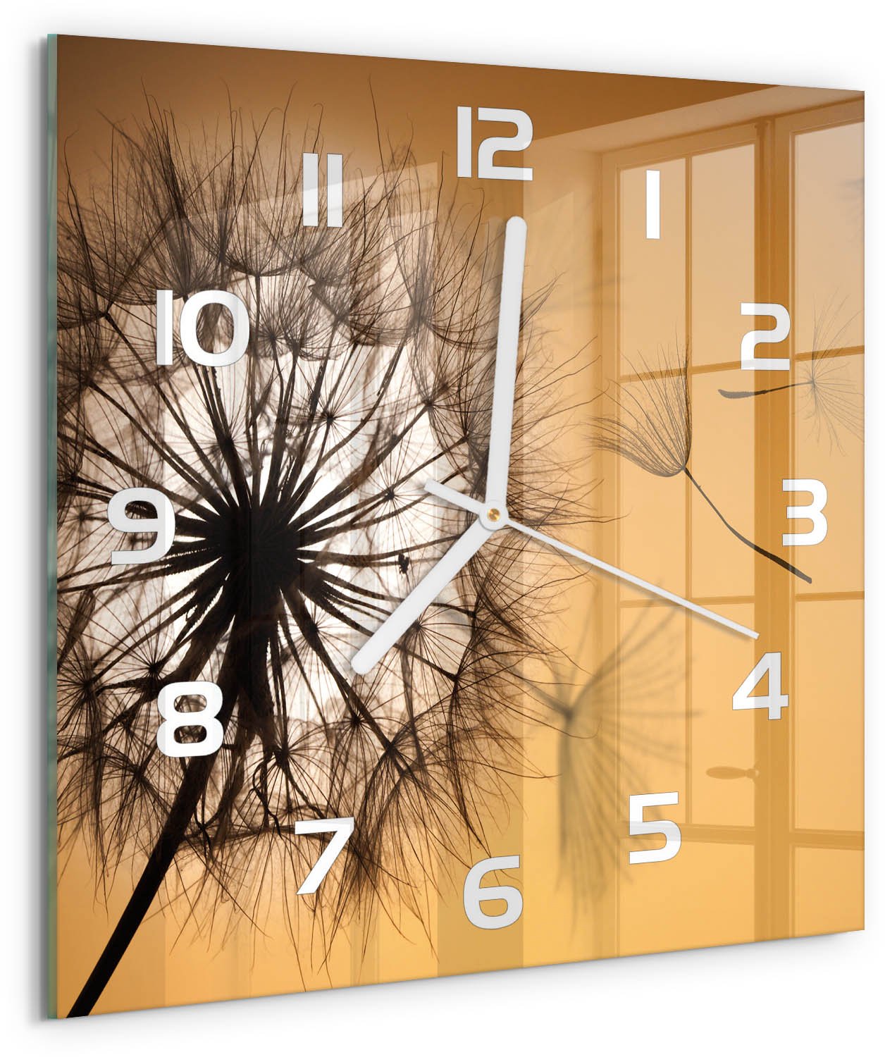 Tulup Wandklok - Paardebloem Moderne Wandklok Glas - 30x30 cm - Oranje Wandklok Glas Decoratie - Witte handen - Vierkante Klok - Glazen Wandklok Design - Klok Glas Met Opdruk