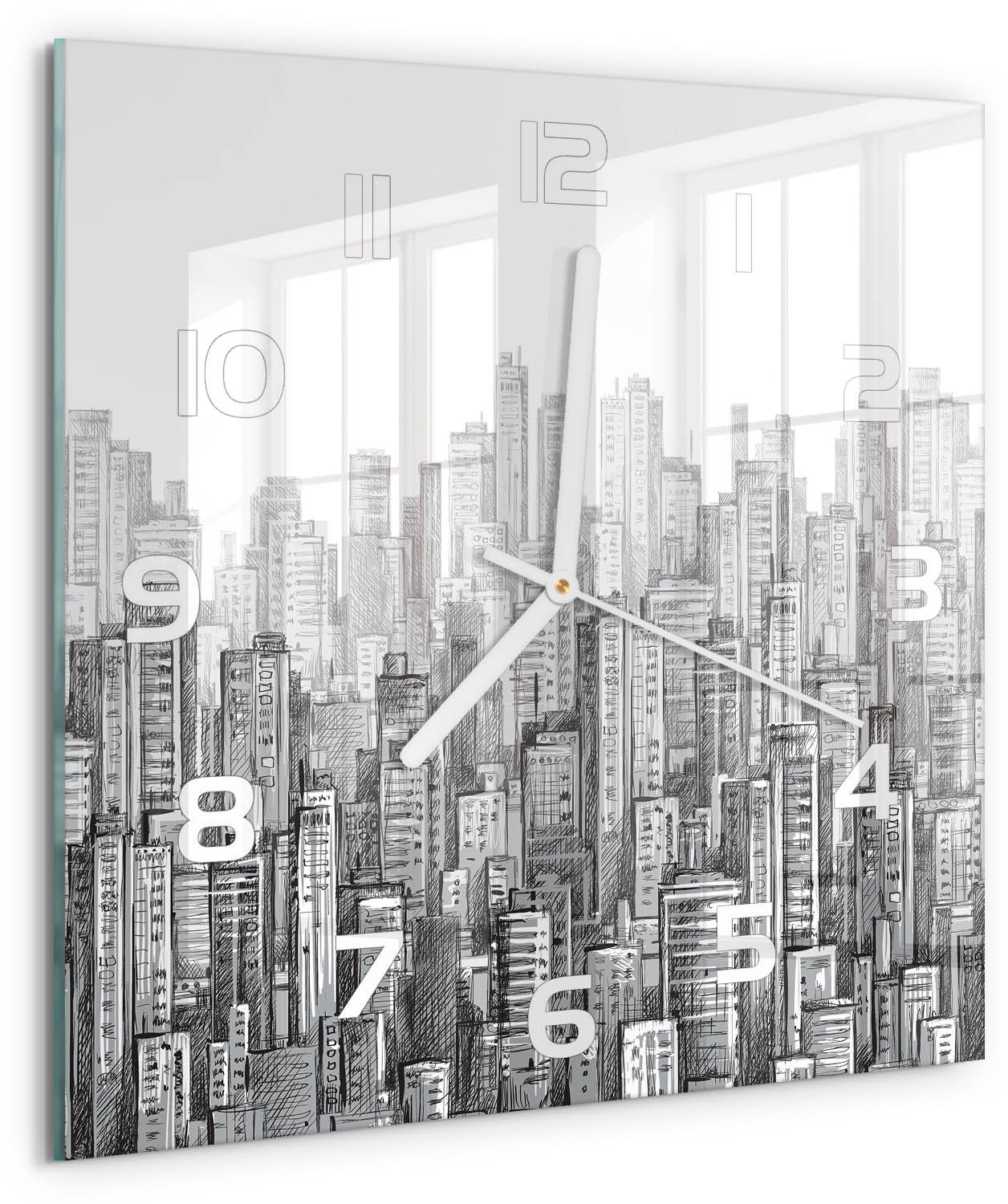 Tulup Wandklok - Wolkenkrabber Wandklok Glas Decoratie - 30x30 cm - Grijs Gekleurde Glazen Klok - Witte handen - Vierkante Klok - Klok Glas Met Opdruk - Moderne Wandklok Glas