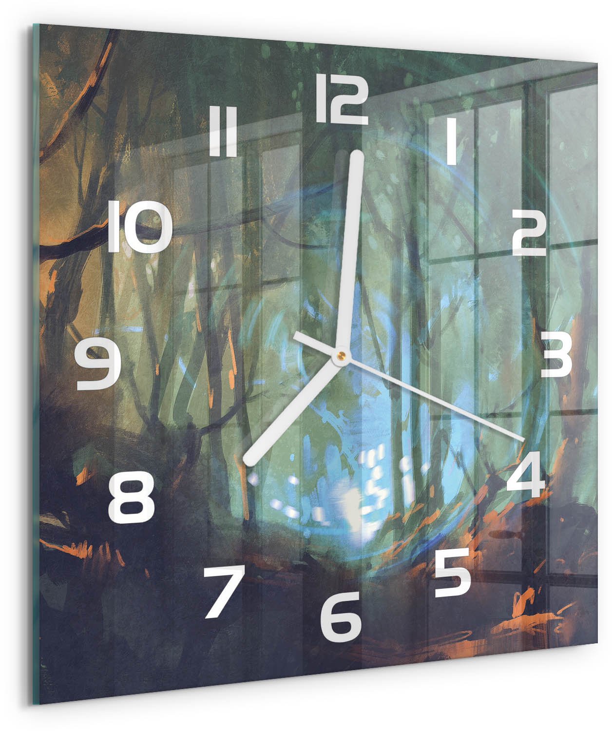 Tulup Wandklok - Mystiek bos Decoratieve Glazen Klok - 30x30 cm - Blauw Glazen Wandklok Design - Witte handen - Vierkante Klok - Glazen Klok Met Print - Wandklok Glas Met Motief