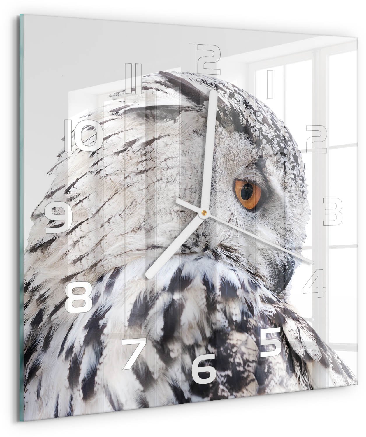 Tulup Wandklok - Witte Uil Moderne Wandklok Glas - 30x30 cm - Wit Wandklok Glas Decoratie - Witte handen - Vierkante Klok - Glazen Wandklok Design - Klok Glas Met Opdruk