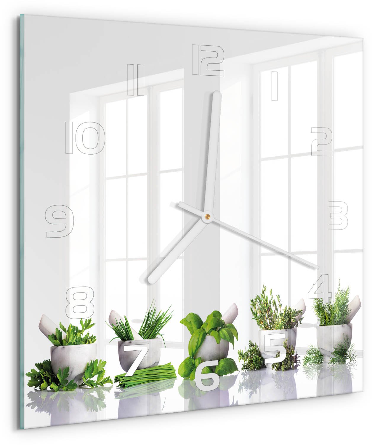 Tulup Wandklok - Kruiden Moderne Wandklok Glas - 30x30 cm - Groente Wandklok Glas Decoratie - Witte handen - Vierkante Klok - Glazen Wandklok Design - Klok Glas Met Opdruk