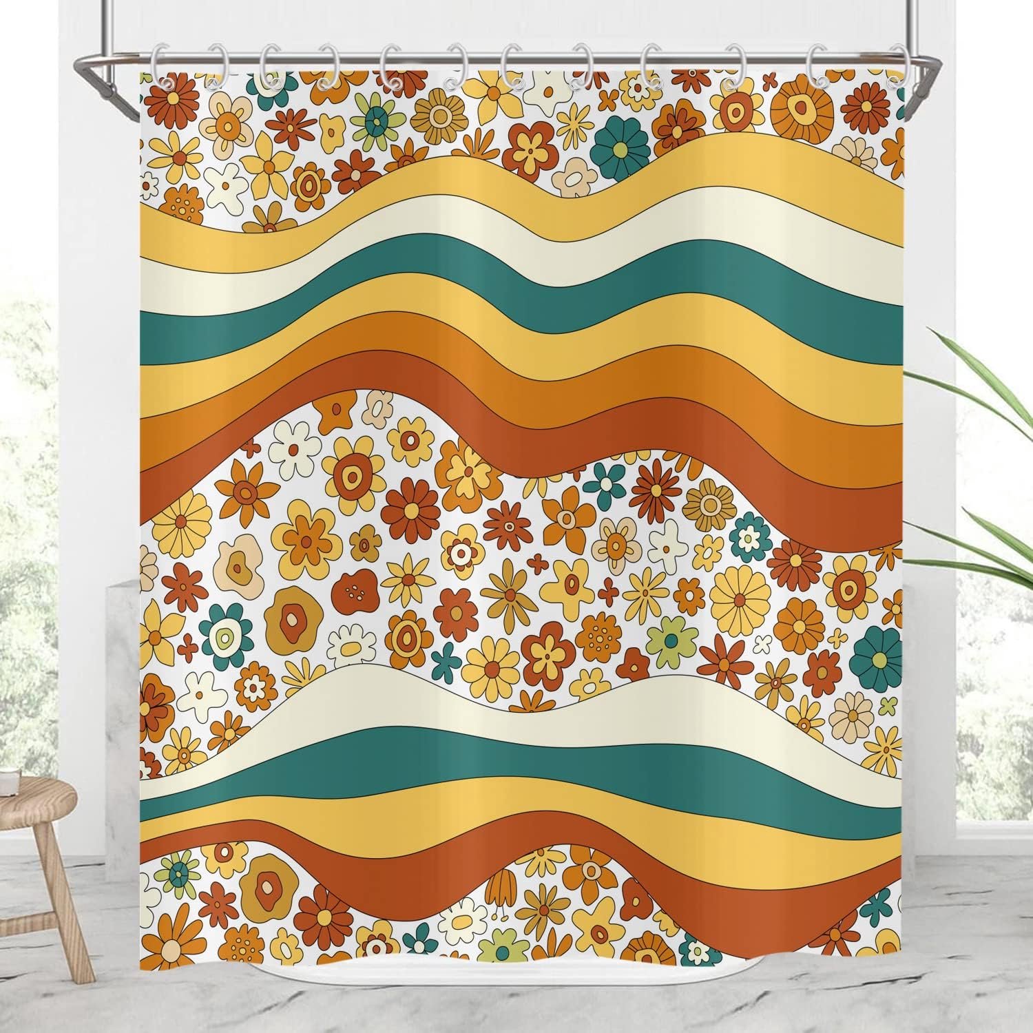 Retro Boho Floral Shower Curtain 180x200,70s Cute Rainbow Floral Shower Curtains Funky Groovy Vintage Aesthetic - ShopVlot