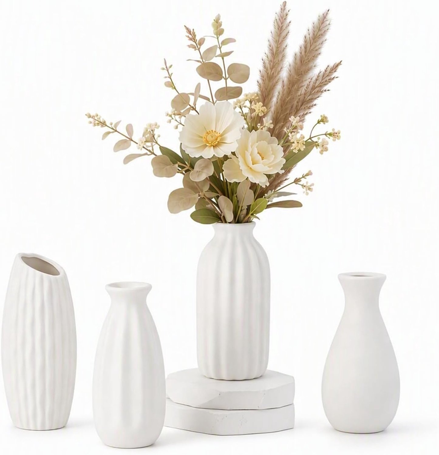 Witte keramische vaasset met 4 delen, verschillende maten, moderne bloemenhouders, decoratieve vaas voor droogbloemen - ShopVlot