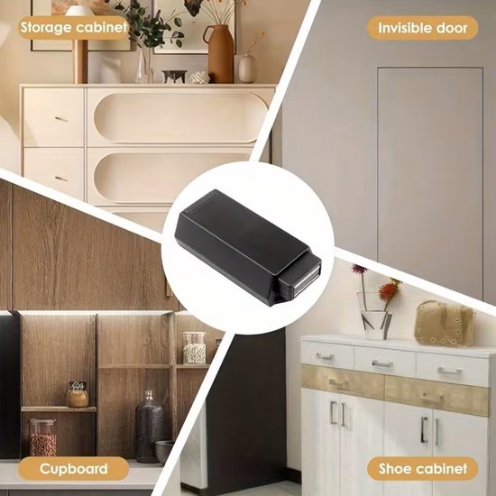 Zwart magnetisch deurslot met push-to-open functie, getoond in diverse kasttoepassingen.