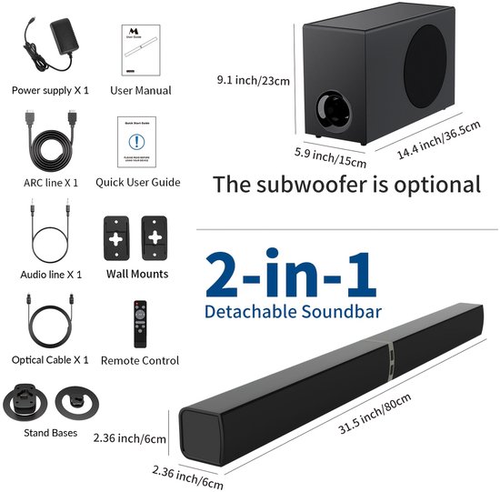 Soundbar met Subwoofer – Draadloze 5.0 TV Soundbar met Diepe Bas – ARC, Optisch en AUX – Afstandsbediening — afbeelding 2