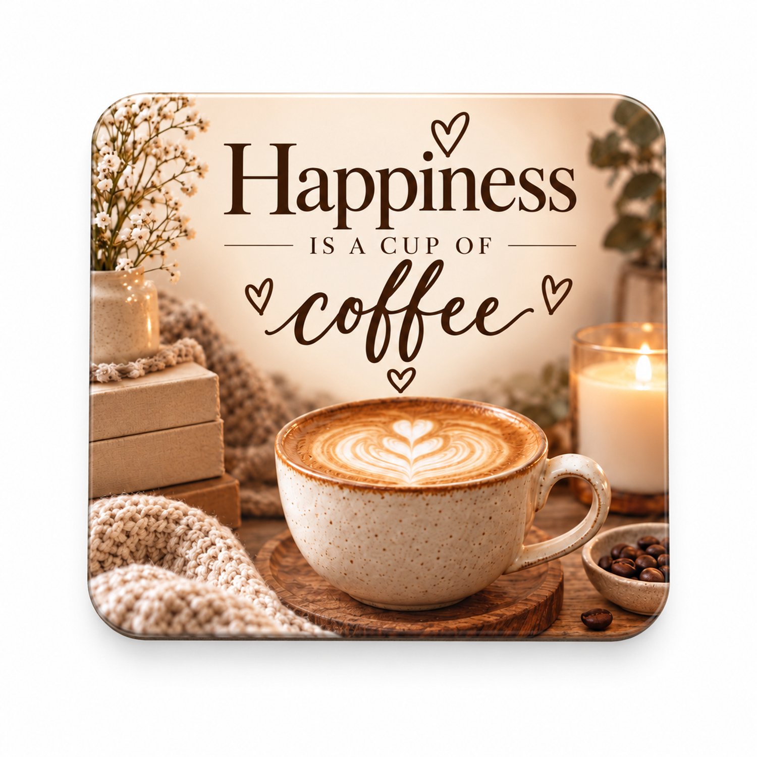 Happiness is a cup of coffee MDF onderzetter 10x10cm – vierkante koffietegel