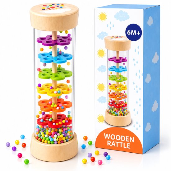 Houten regenmaker met kleurrijke bloemen en balletjes. Geschikt voor 6m+.