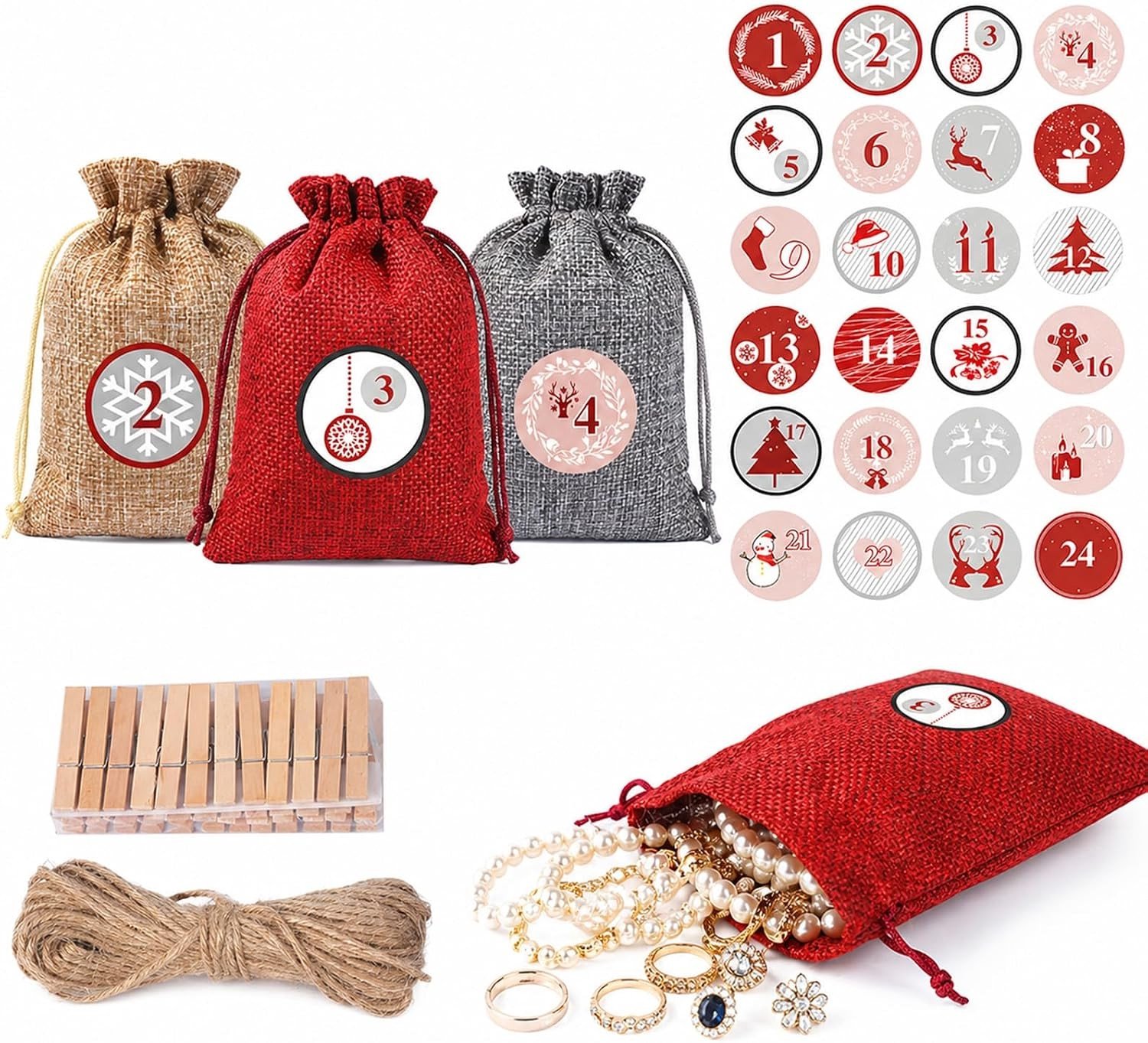 Adventskalender DIY Knutselset - Multicolor - 10 x 14 cm - Herbruikbare Zakjes met Stickers en Jute Touw - Voor Kerstdecoratie