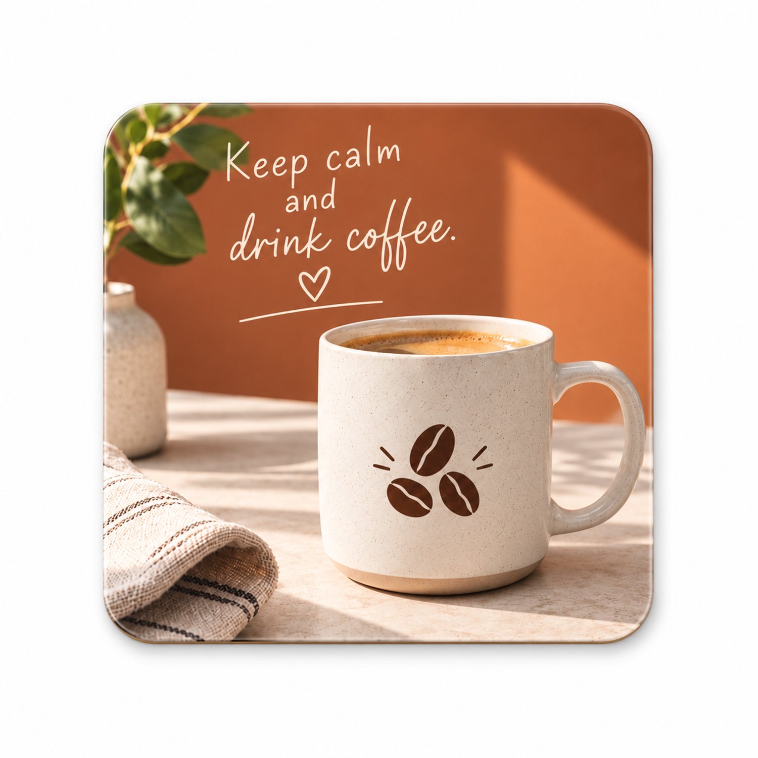Koffie MDF onderzetter 10 x 10 cm met tekst ‘Keep Calm and Drink Coffee’