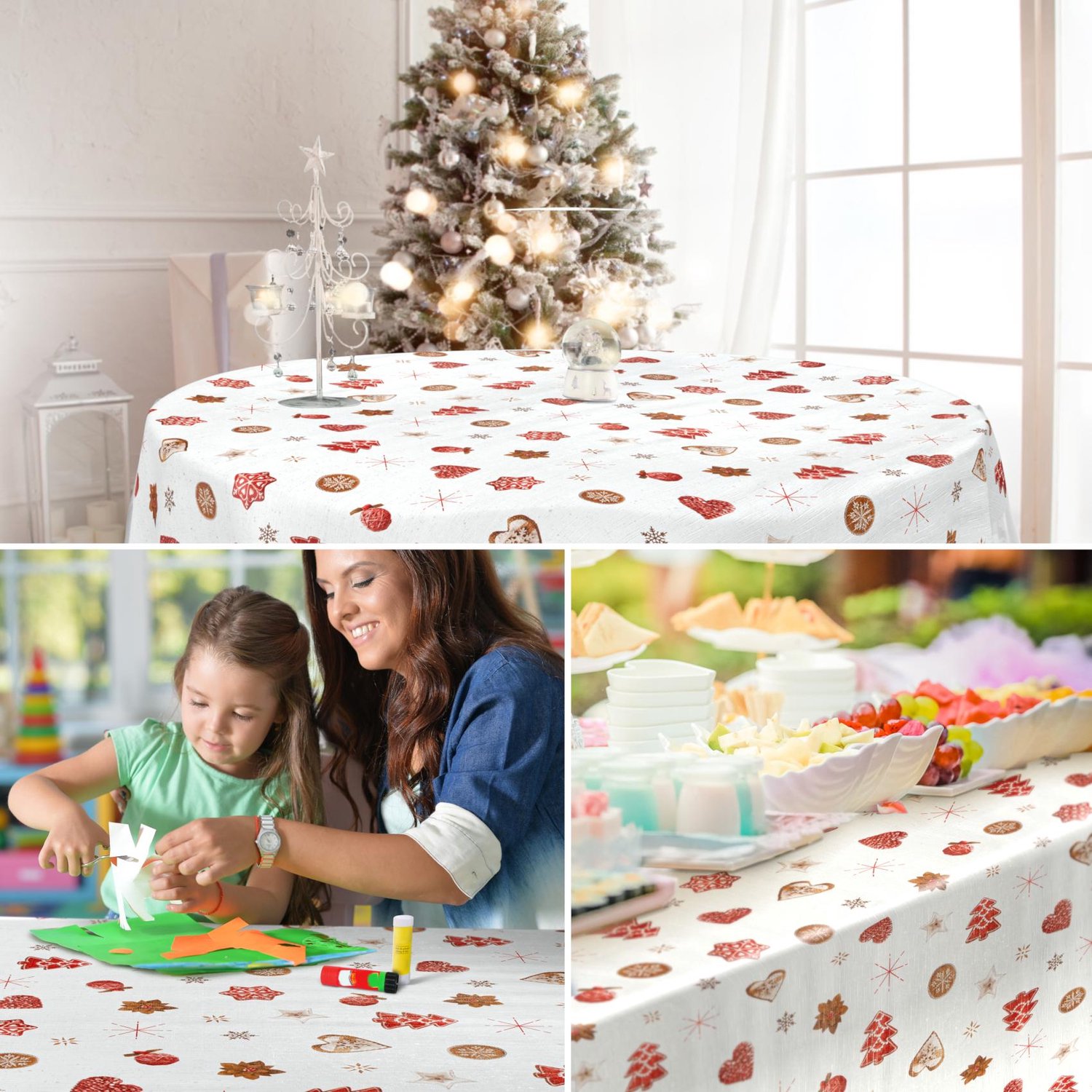 ANRO Tafelkleed Kerst Hartjes & Boompjes Wit 140cm x 10m Rechte rand Afwasbaar Waterafstotend