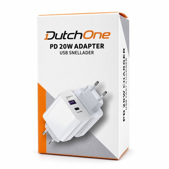 DutchOne PD 20W USB Snellader, witte adapter met twee USB-poorten en twee platte pinnen.