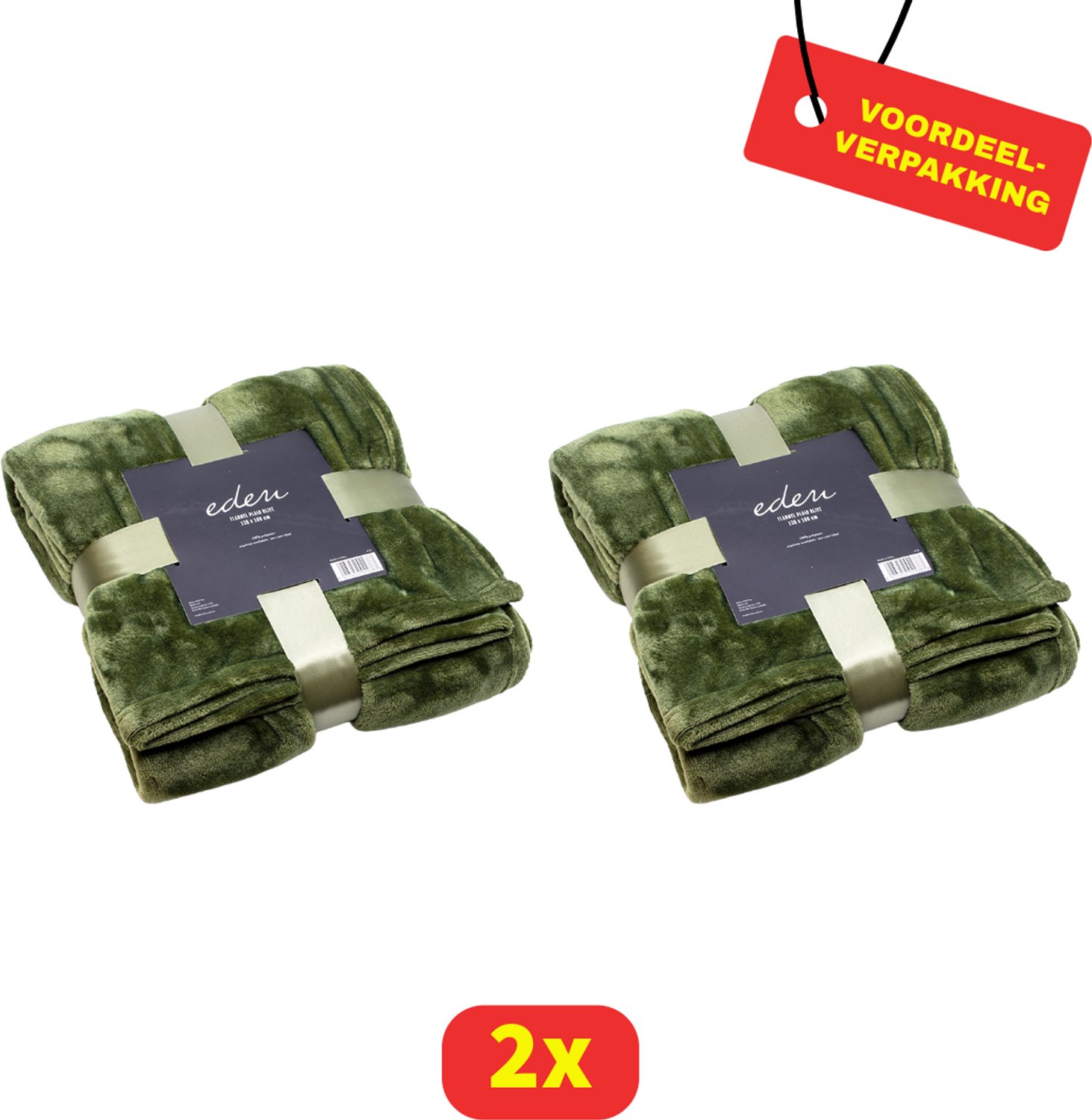 Eden Flanellen Plaid Olijfgroen - Luxe Fleece Dekentje - Zacht - 130x180 cm - 2 stuks - Voordeelverpakking