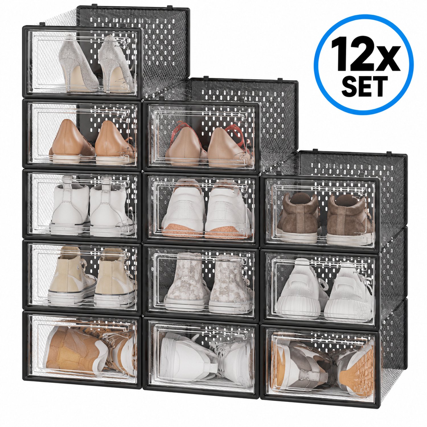 Bobbel Home Schoendozen set van 12 - Opbergdozen voor schoenen - Schoen organizer - Tot maat 45 - Transparant zwart