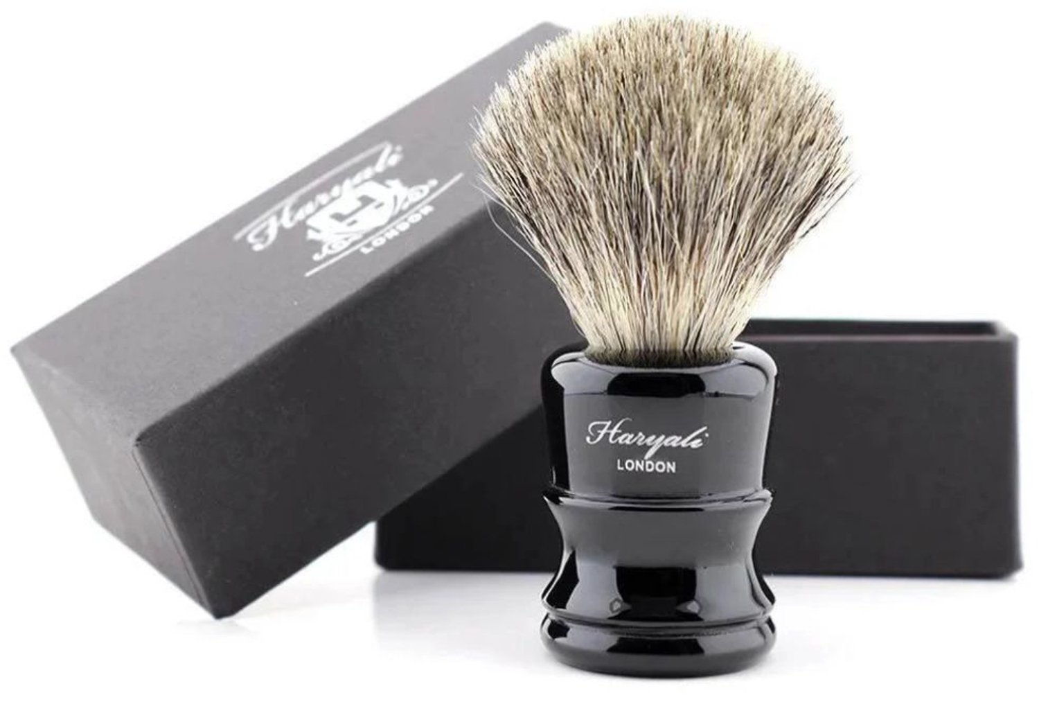 Haryali London scheerkwast met grijs synthetisch haar – Luxe scheerkwast voor scheerzeep – Klassieke scheerkwast voor nat scheren met handvat van zwarte hars