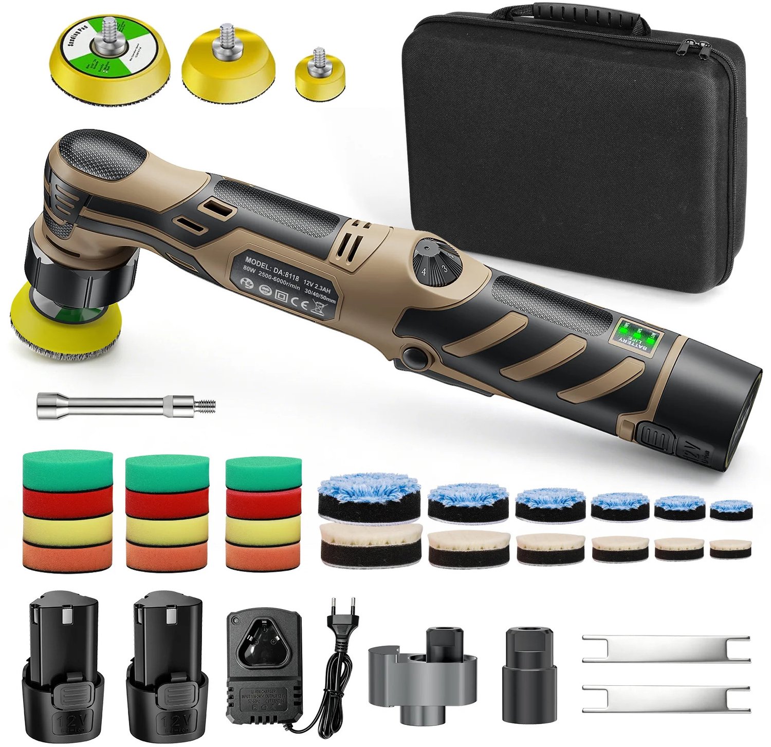 Gudalio Polijstmachine Auto – Draadloze Mini Poetsmachine 12V – 6 Snelheden – 2 Accu's – 35 Accessoires & Polijstpads – 50 mm