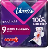 Verpakking van Libresse Goodnight Ultra X-Large+ maandverband met 9 stuks.