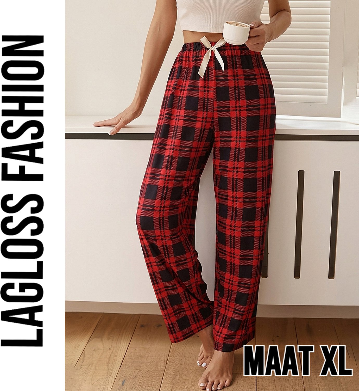 LaGloss ® Pyjamabroek Dames Rood Zwart Geruit met Elastische Taille & Trekkoord –