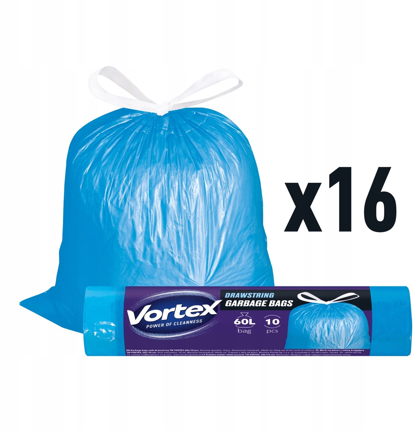 Vortex Vuilniszakken 60L Blauw met Trekband - 160 Stuks