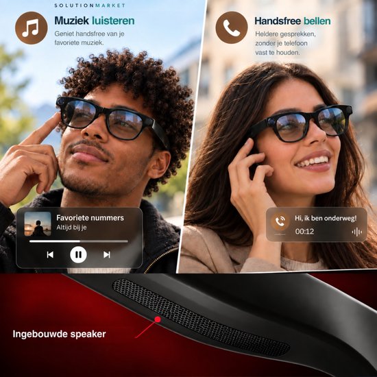 SolutionMarket Camera Bril / Smart Glasses – 8MP – Full HD – AI Vertaling – Bellen & Muziek – Clip-on Zonnebril – Zwarte Oplaadcase — afbeelding 4