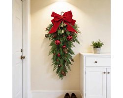 Meedeer Dennentakken-Kunstdennentakken-Kersthanger-Hangend-60cm-Kerstversiering-Met Rode ballen+Dennenappels+Belletjes