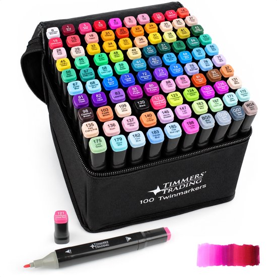 100-delige set twinmarkers in opbergtas met een gedemonstreerd kleurverloop van rood naar roze.