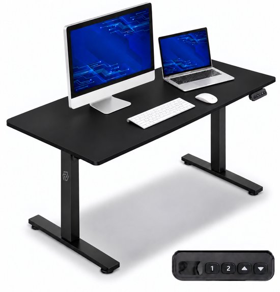 Matzwarte, elektrische in hoogte verstelbare bureau met een computer, laptop, toetsenbord, muis en bedieningspaneel.