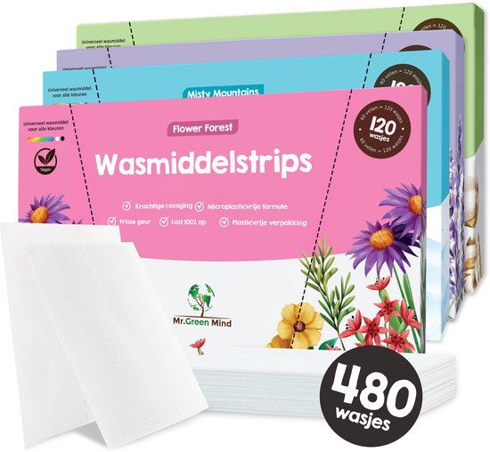 Proefpakket Wasstrips ECO 480 Wasbeurten in 4 Geuren Wasmiddeldoekjes Wasvellen Wasmiddel Voordeelverpakking incl. wasverzachter wasdoekje