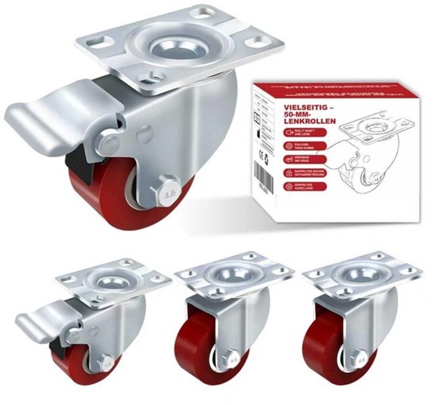 Industriële wielen - Zware zwenkwielen - Fabriekstransport - 1000 kg draagvermogen - 50 mm - rood