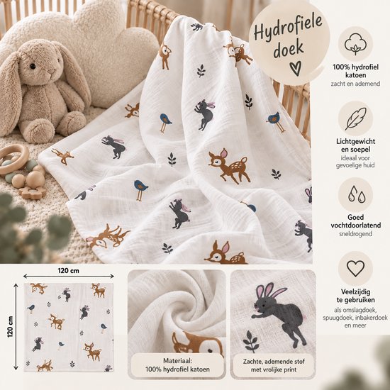 Hydrofiele Doek XL 120x120 cm – Inbakerdoek & Swaddle – Hydrofiel Katoen – Bosdieren Print – Multifunctionele Babydoek – Kraamcadeau — afbeelding 4