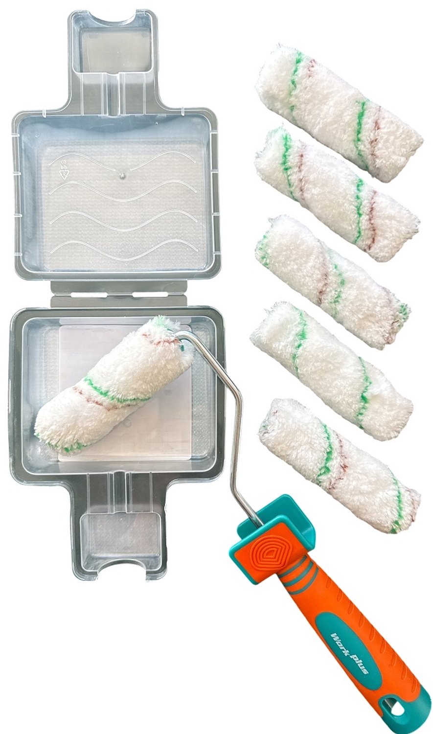 Work Plus verfroller - anti spat - 10cm ultra fijne wolvezel - set 7-delig inclusief houder en bakje