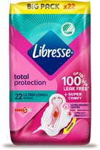 Libresse Total Protection maandverband, 22 ultra long+ met vleugels, in roze verpakking met gele accenten.