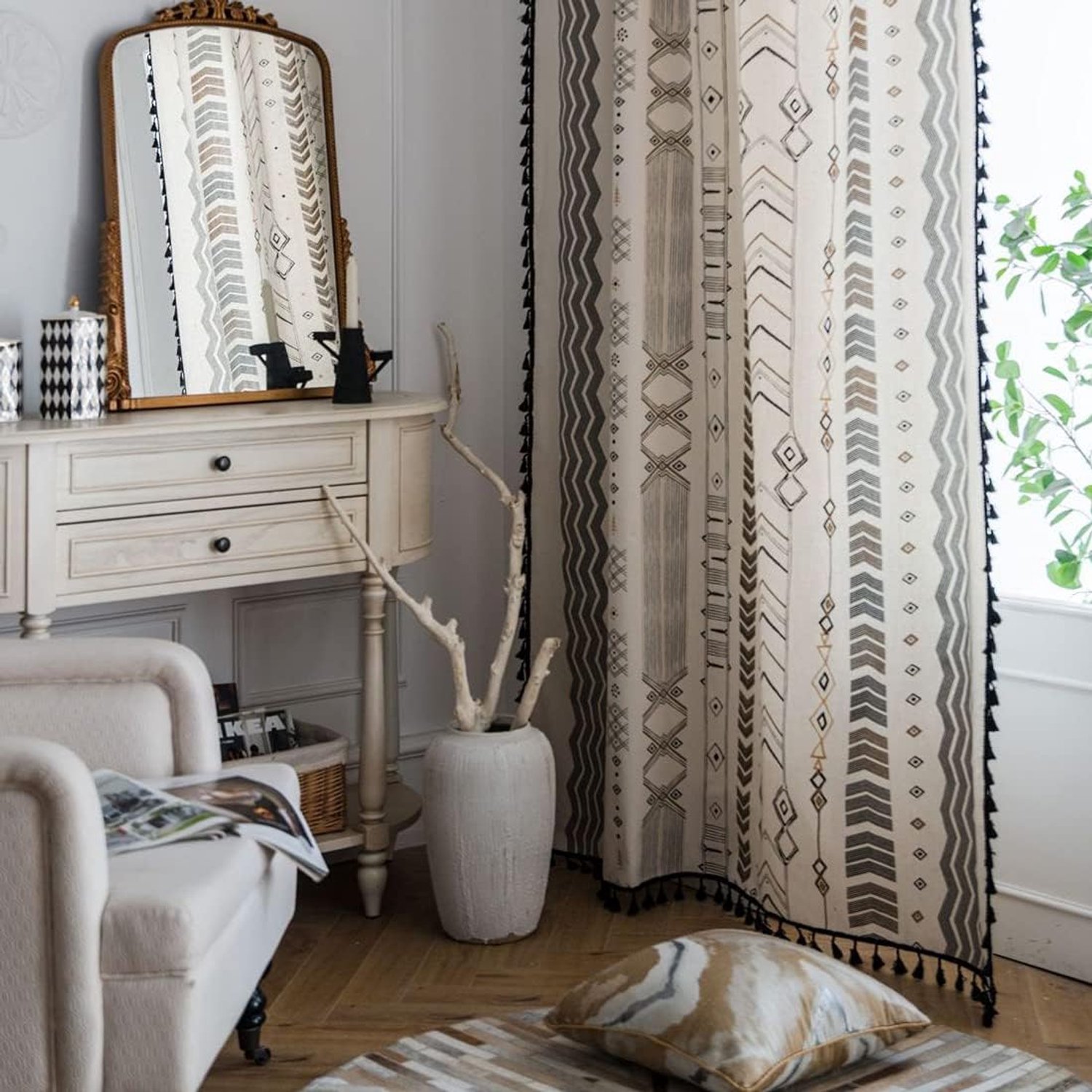 Boho Vintage Curtains with Tassels, Semi-Blackout Curtains with Eyelets, Cotton and Linen Curtains for Living Room - ShopVlot