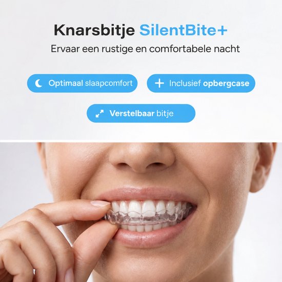 Vrouw met knarsbitje van SilentBite+ in haar mond. Optimale slaapcomfort en verstelbaar bitje.