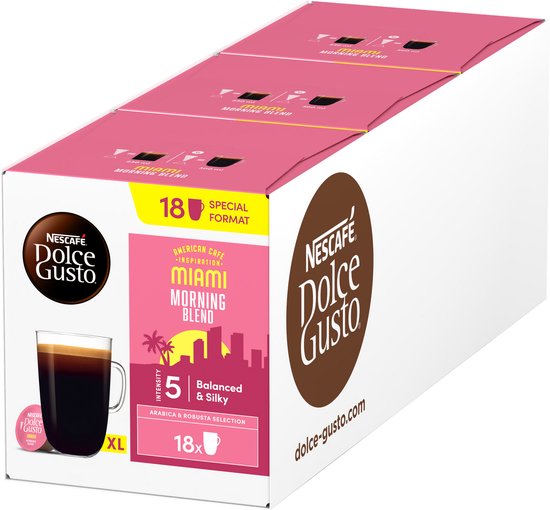 NESCAFÉ Dolce Gusto Miami Morning Blend 18 cups. Koffie met een intensiteit van 5, gebalanceerd & zijdezacht. Arabica & Robusta selectie.
