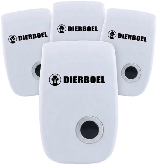 Vier witte Dierboel ongedierteverjagers met zwarte opdruk.
