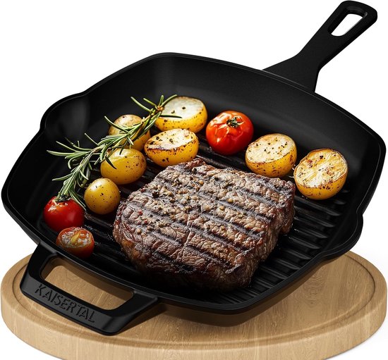 KAISERTAL Gietijzeren Grillpan 27 cm - Grillpfanne met Geribbelde Bodem en Lange Handgreep - Ingebrande Cast Iron Pan voor Inductie Gas Oven en BBQ - Steakpan Braadpan Koekenpan Inclusief Receptenboek