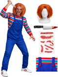 Set bestaande uit pop-kostuum, oranje pruik op mannequin-hoofd, speelgoedmes, neplittekens en detail van tuinbroek.