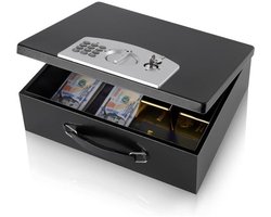 Dalmbox Draagbare metalen kluis met digitaal codeslot, brandwerende opslag voor documenten, vuurvaste kluis, auto, huis, kantoor en buiten, zwarte doos
