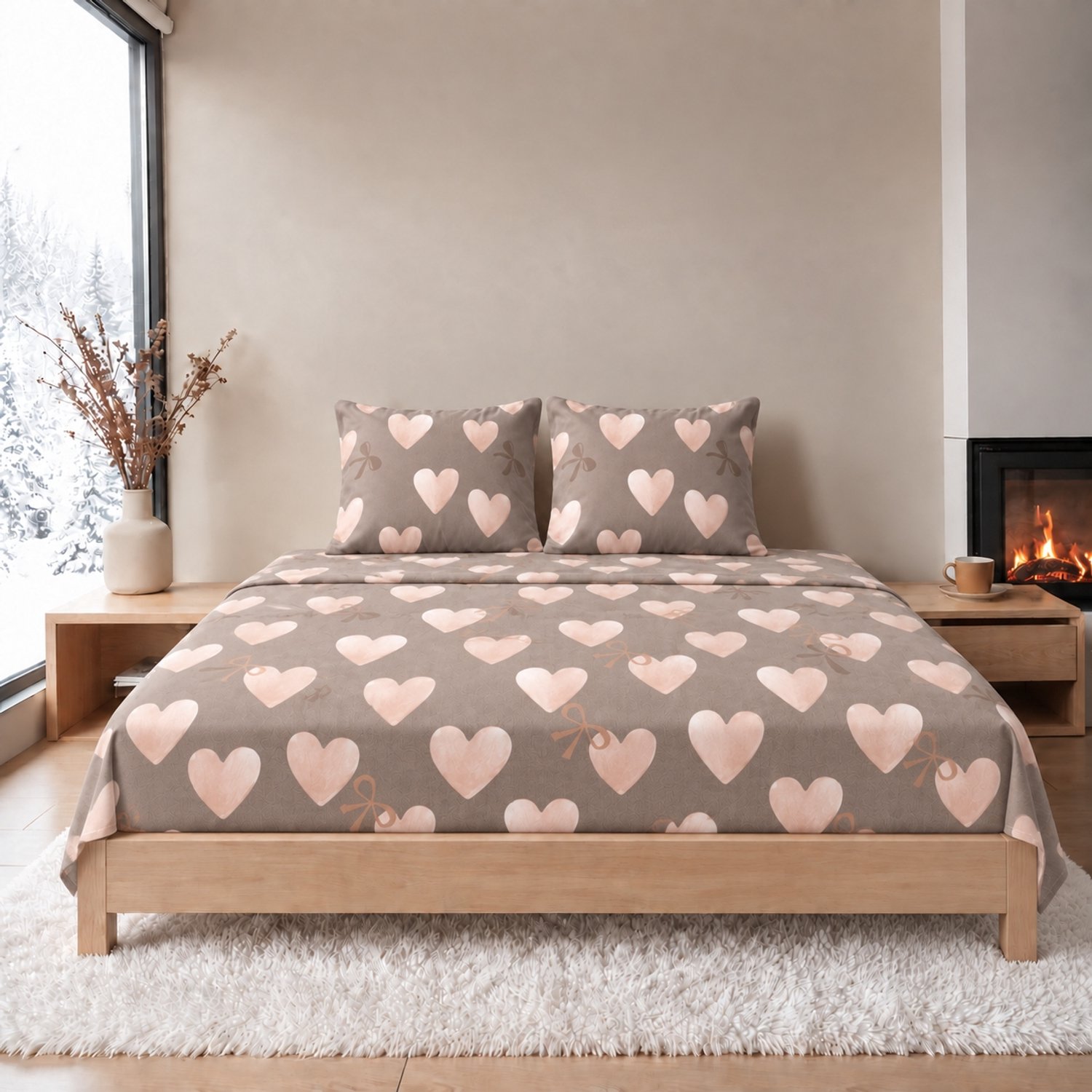 Lakenset - Flanel - Winter - 2 personen - Onderlaken met Bovenlaken - Hartjes