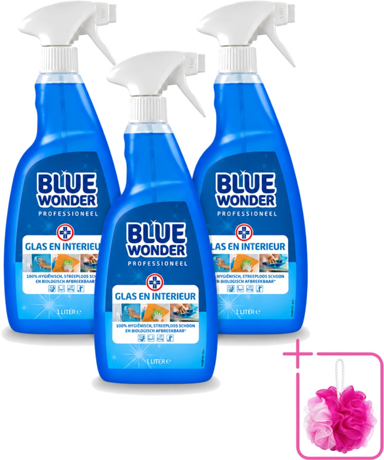 3 x Blue Wonder - Professionele Glas & Interieur Spray - Streeploos Schoon - 1 Liter - Bulkverpakking - Glas reinigen - Douchemop - Interieur reinigen