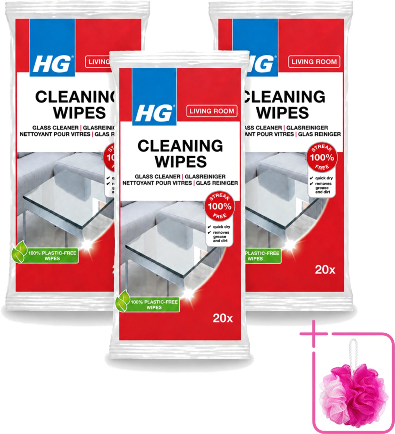 3 x HG - Woonkamer - Glasreinigingsdoekjes - Reinigt Streeploos - 20 Doekjes - Bulkverpakking - Glas reinigen - Douchemop - Spiegel reinigen