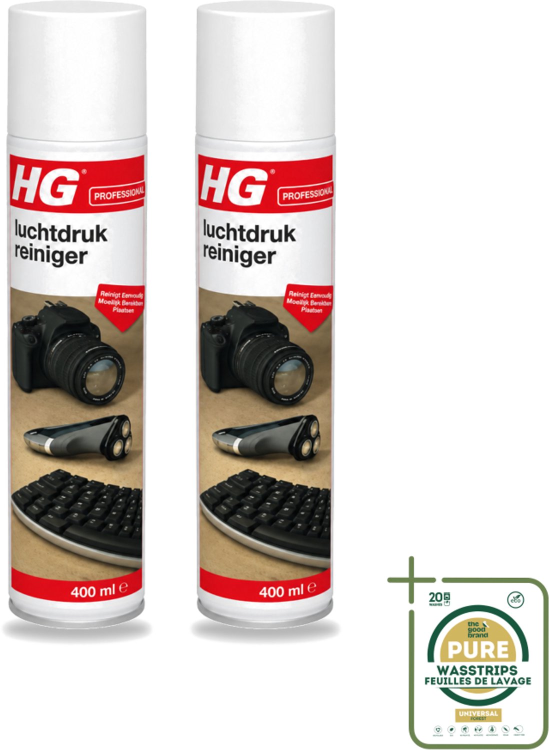 2 x HG - Luchtdrukreiniger - Reinigt Eenvoudig Moeilijk Bereikbare Plaatsen - 400 ml - Wasstrips - Luchtdrukreiniger - Stof Verwijderen - Losse Vervuiling - Toetsenbord Reinigen - Printer Reinigen